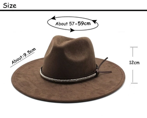 Chapeau fedora marron à bord large avec ruban tressé et mesures de taille précises