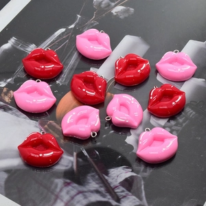 Glossy resin red and pink lip charms with metal rings for DIY jewelry making