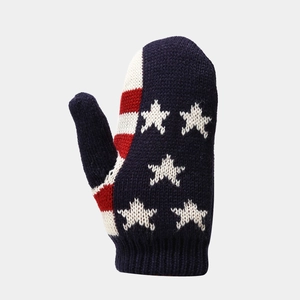 Detailed view of knitted winter glove with American flag pattern and ribbed wrist cuff