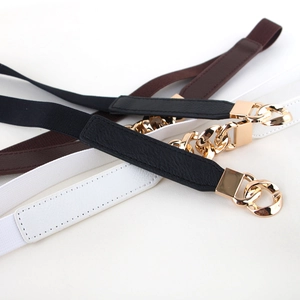 Women elastic waist belt in black white and brown with gold metal chain buckle detail