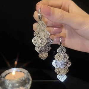 Silver geometric rhombus hollow mesh tassel drop earrings for women with layered design