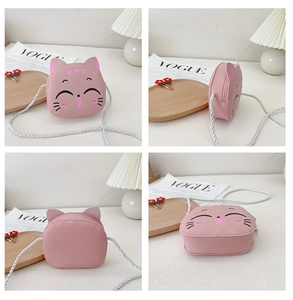 Pink cat-shaped PU leather child bag shown from front side back and bottom views