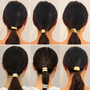 Minimalist geometric metal hair rings in gold and silver finish for ponytail styling