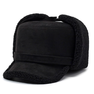 Men's winter black faux suede trapper hat with warm thick sherpa lining and ear flaps