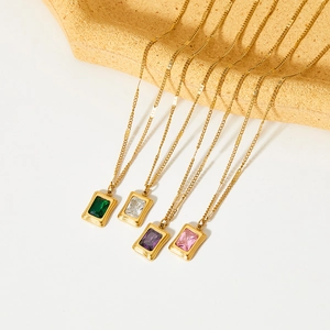 Vintage gold plated stainless steel square zircon necklace sets in multiple colors