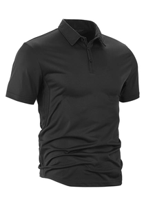 Detailed macro view of black short-sleeve polo shirt showing knit texture and buttoned collar