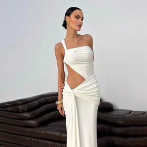 Sexy white one-shoulder backless long maxi dress with cutout details and ruching accents