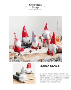 Detailed close-up of plush Christmas gnomes set with red and grey felt hats and pine cones