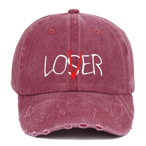 Vintage washed burgundy baseball cap with LOSER LOVER embroidery and distressed brim