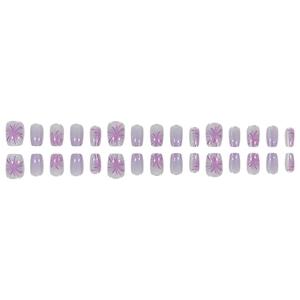 Set di 24 unghie finte viola cat-eye con sfumature glitterate e motivi a fuochi d'artificio