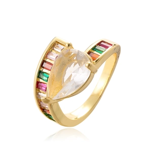 18K gold plated ring with pear-shaped zircon and colorful rectangular gemstones