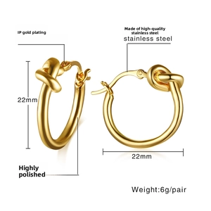 Detailed specs of 22mm IP gold plated stainless steel knotted hoop earrings with high polish