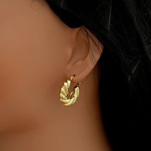 18k gold plated twisted hoop earrings with elegant textured wave design for women