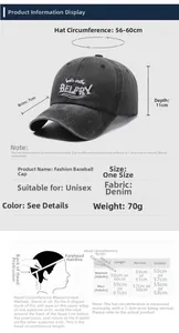 Tableau des tailles et guide de mesure pour casquette vintage en denim délavé avec broderie