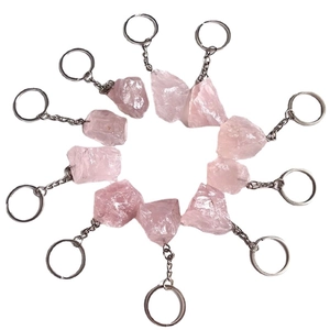 Natural raw rose quartz crystal keychain collection with silver metal ring and chain