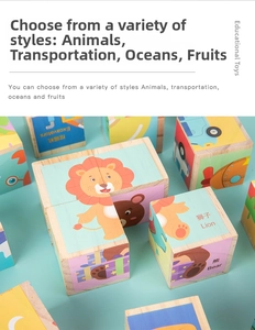 Detail showing 3D wooden blocks puzzle with animal and vehicle prints for kids learning