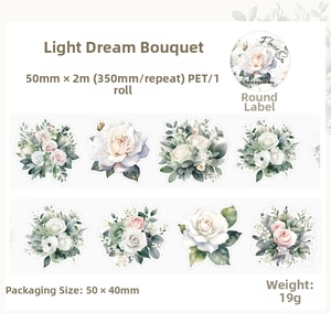 Macro view of PET decorative tape featuring white and pink rose bouquet designs