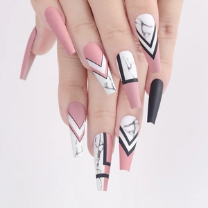 Long coffin press-on nails with matte pink, black, and marble geometric patterns