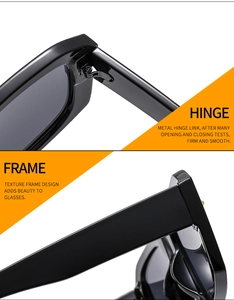 Detail of durable metal hinges and textured black frame of retro square sunglasses