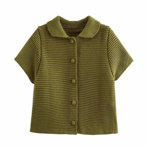 Olive green short sleeve knit cardigan with lapel collar and buttons on white background