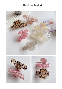 Detailed views of multi-color marble acetate hair claws with premium metal springs