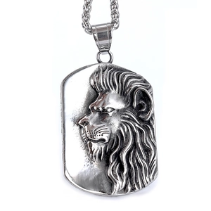 Vintage stainless steel lion head embossed rectangle pendant necklace for men in silver