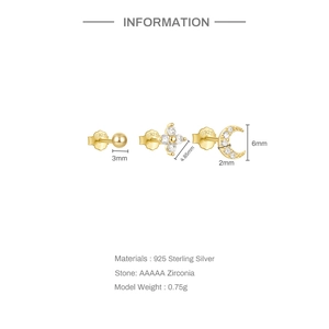 Macro detail of 925 silver gold-plated stud set with AAAAA zircon and product dimensions