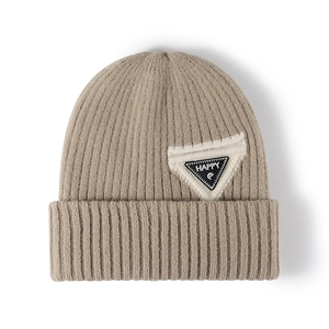 Winter double-layered khaki knit beanie with letter patch for outdoor warmth