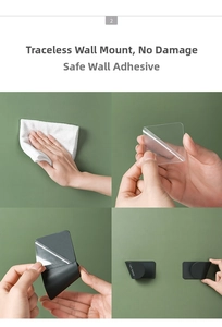 Detail view of the easy installation steps for the self-adhesive pot lid rack on green wall