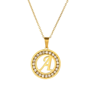 Minimalist gold stainless steel round necklace with crystal paved letter A pendant