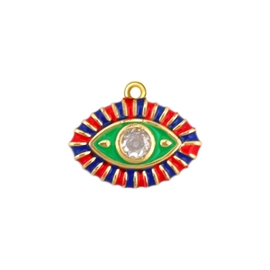 Detailed close-up of gold-plated evil eye pendant with colorful enamel and zircon inlay