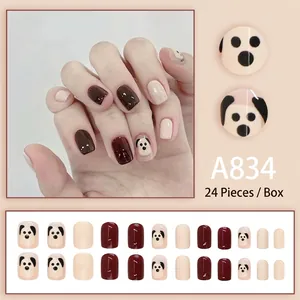Faux ongles courts marrons avec motifs de chiots mignons, kit de 24 pièces A834