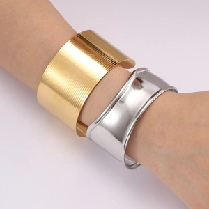 Wide Cuff Bracelet Titanium Steel 18K Gold Plated Minimalist Brushed Mirror Finish Open Adjustable Fashion Jewelry Women