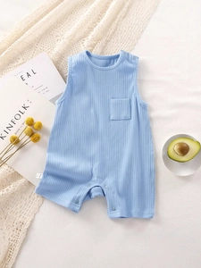 Light blue sleeveless cotton baby romper with ribbed texture and snap buttons for summer