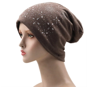 Dark brown knit beanie for women and men with sparkling silver rhinestone star patterns