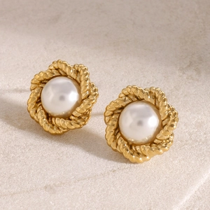 Elegant 18k gold plated stainless steel twisted earrings with white pearl centers