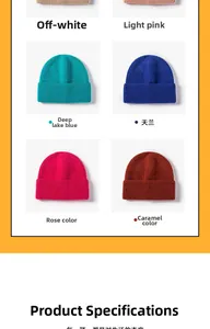 Collection of six monochrome knit beanies in off-white, pink, blue, red and caramel colors