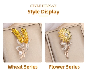 Detailed view of wheat and sunflower crystal brooches with yellow gems and pearls