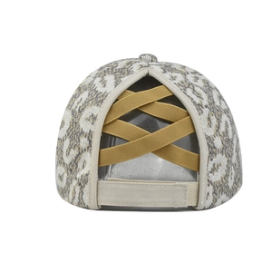 Detail of grey leopard baseball cap with elastic criss-cross back for high ponytail