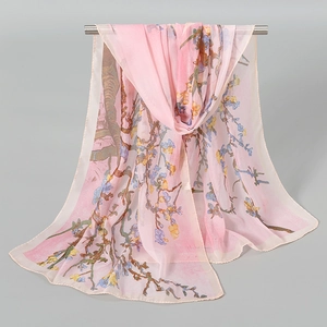 Lightweight pink chiffon floral scarf with Impressionist botanical print and hemmed edges