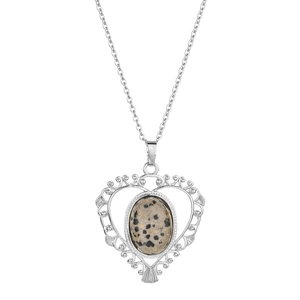 Collier filigrane en cœur argenté avec jaspe dalmatien ovale sur fond blanc