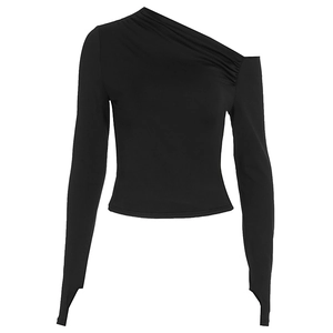 One-shoulder black slim top featuring shoulder pleats and functional thumbhole cuffs