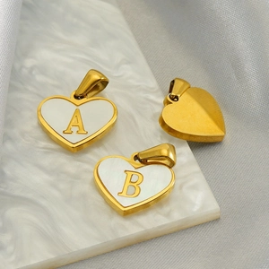 Golden stainless steel heart pendants with white shell inlay and letters A and B