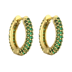 Elegant gold-plated huggie hoop earrings with green pave-set cubic zirconia crystals