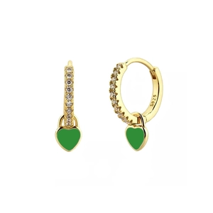 Elegant S925 silver hoop earrings with green heart zircon charms and gold finish