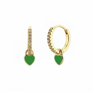 Elegant S925 silver hoop earrings with green heart zircon charms and gold finish