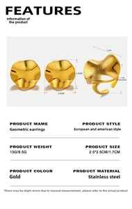 Detailed view of 18K gold plated stainless steel geometric earrings with size and weight specs