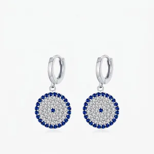 Boucles D'oreilles Créoles Pendantes Oeil En Argent Sterling 925 Avec Zircone Cubique Bleu Et Blanc Style Rétro Pour Femmes