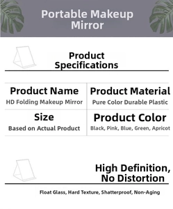 Detailed spec sheet showing five colors of this portable shatterproof folding vanity mirror
