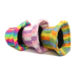 Flat lay of colorful rainbow striped faux rabbit fur bucket hats with soft plush texture